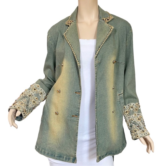 Vintage Kaity Jean Jacket Belted Button Front Bead Lace Sleeve Size Medium - Picture 16 of 16